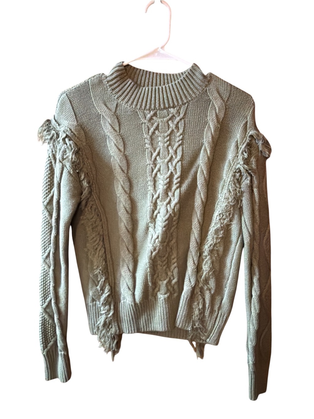 Textured Cable Knit Fringe Sweater - Sage/olive Green